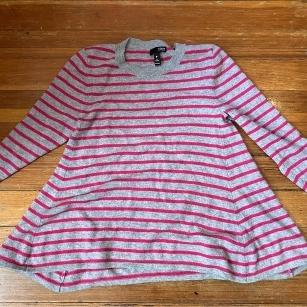 Aqua Pink and Grey Striped 100% Cashmere Crewneck Flares Sweater, Medium
